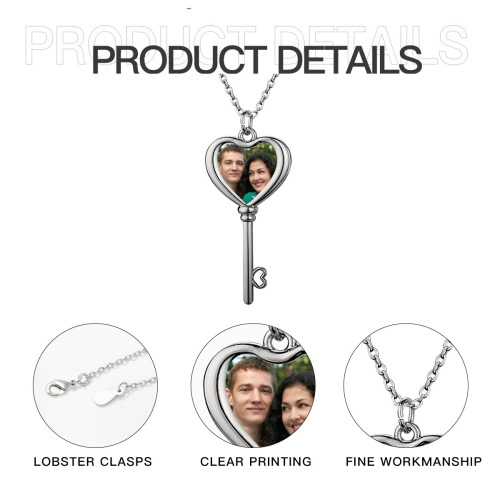 Customizable Heart Key Pendant Necklace – Personalized Photo Charm, Silver-Toned, Elegant Jewelry for Couples