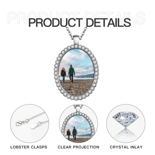 Customized Oval Pendant Necklace with Personalized Image and Crystal Embellishments – Elegant Jewelry for Special Moments