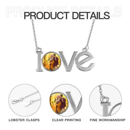 Customizable （LOVE） Pendant Necklace with Personalized Photo Charm – Elegant Silver-Tone Jewelry for Couples