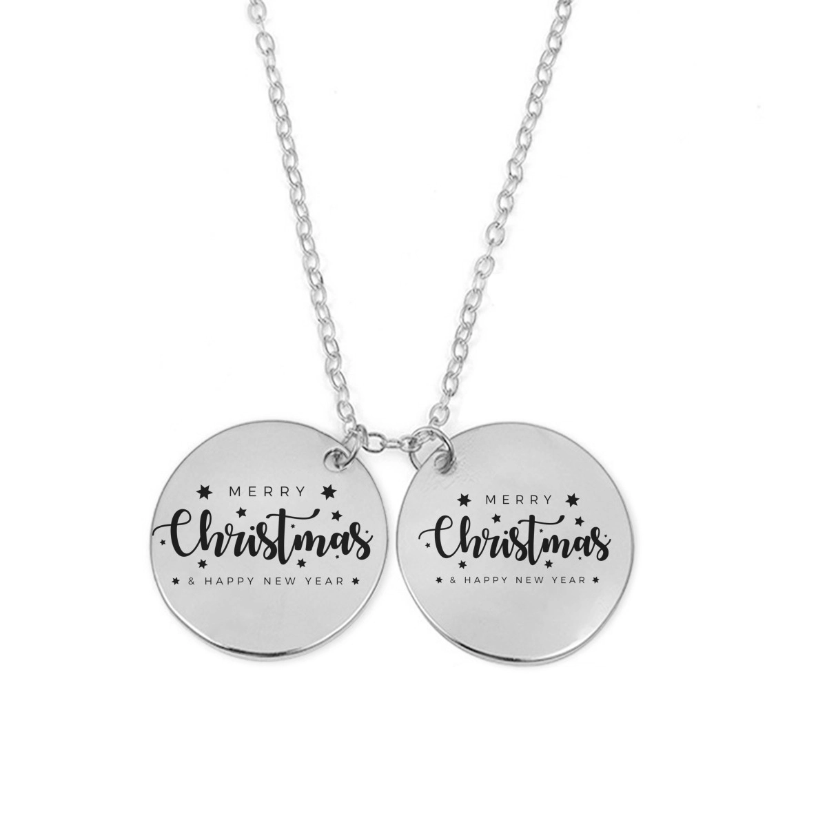 Customizable Silver Disc Necklace with Merry Christmas / Happy New Year Engraving – Personalized Festive Jewelry Ideal for Holiday Gifts