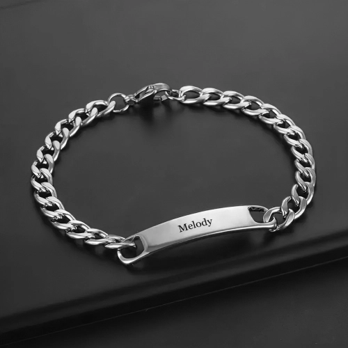 Personalized Men's Cuban Link ID Bracelet - Custom Engraved Name, Silver, Stylish and Durable for Daily Wear