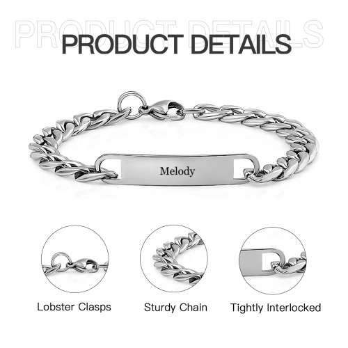 Personalized Men's Cuban Link ID Bracelet - Custom Engraved Name, Silver, Stylish and Durable for Daily Wear