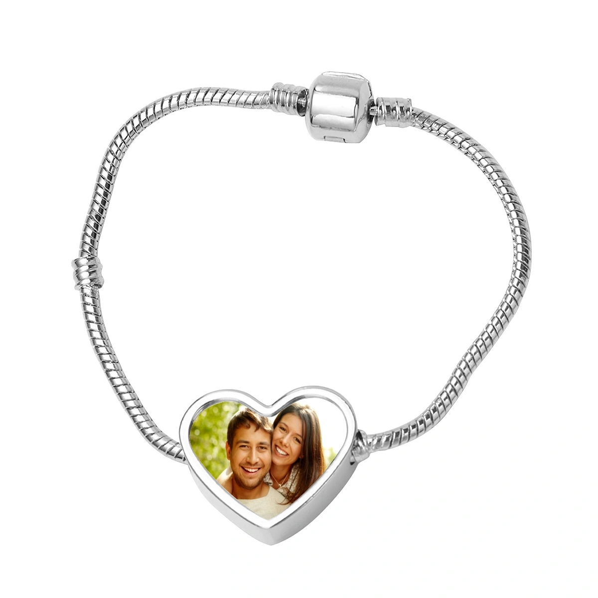 Personalized Heart Charm Snake Chain Bracelet – Custom Photo Pendant, Elegant Silver Jewelry Gift