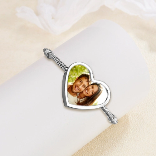 Personalized Heart Charm Snake Chain Bracelet – Custom Photo Pendant, Elegant Silver Jewelry Gift