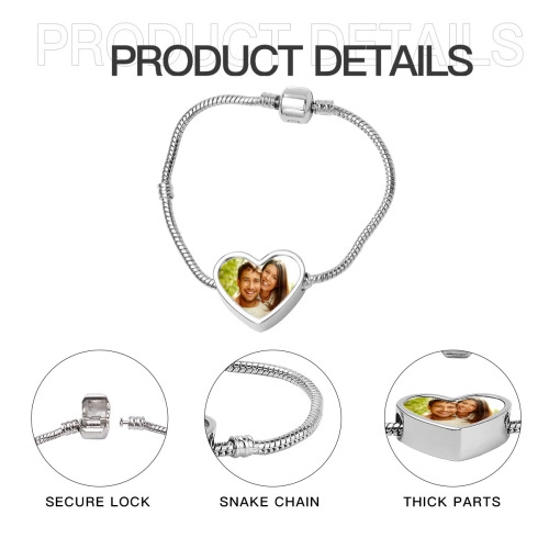 Personalized Heart Charm Snake Chain Bracelet – Custom Photo Pendant, Elegant Silver Jewelry Gift