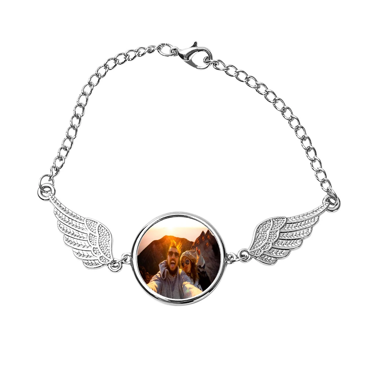 Customizable Winged Circular Bracelet with Personalized Photo Charm - Trendy Accessory for Unique Self-Expression