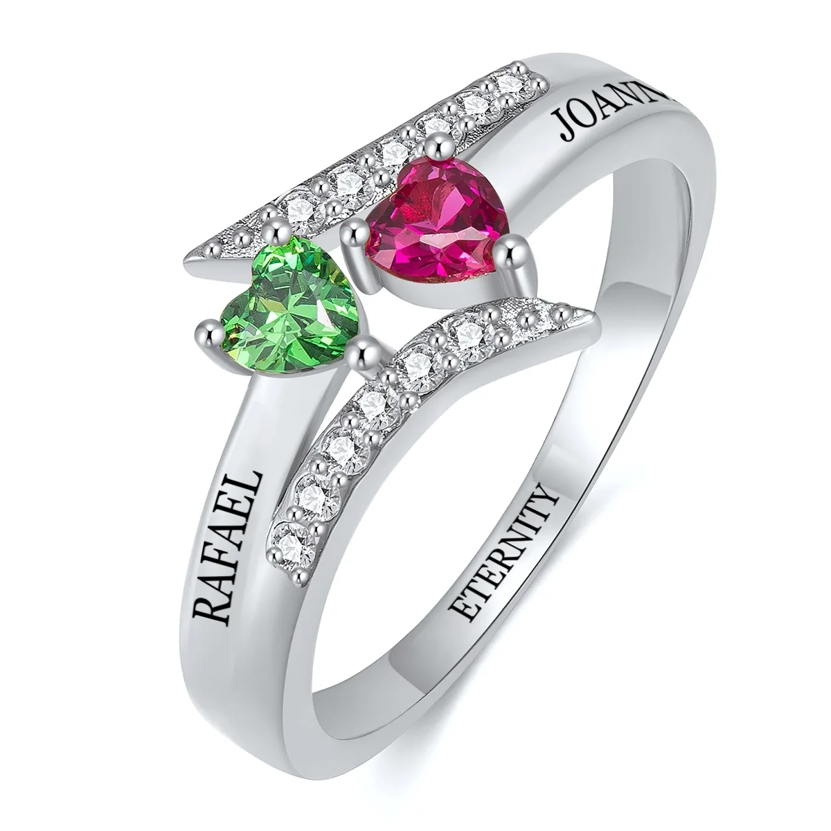 Customizable Heart-Shaped Birthstone Ring with Engraved Names – Unique Personalized Gift for Special Occasions