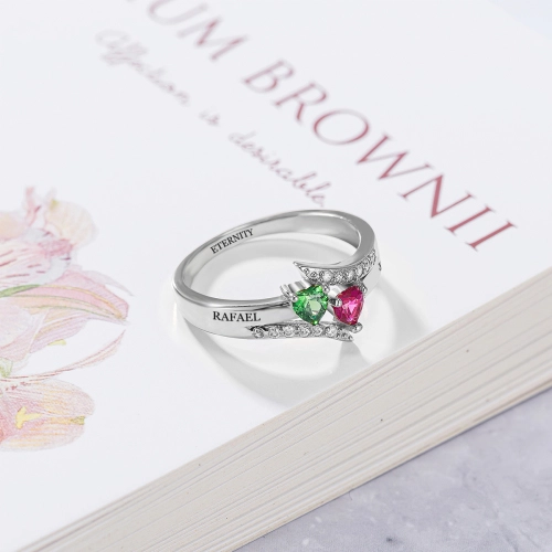 Customizable Heart-Shaped Birthstone Ring with Engraved Names – Unique Personalized Gift for Special Occasions