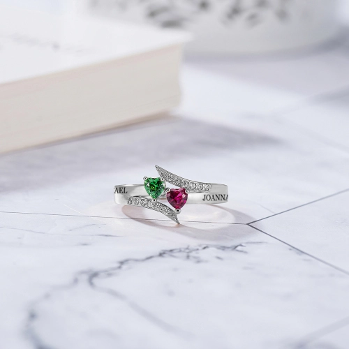 Customizable Heart-Shaped Birthstone Ring with Engraved Names – Unique Personalized Gift for Special Occasions