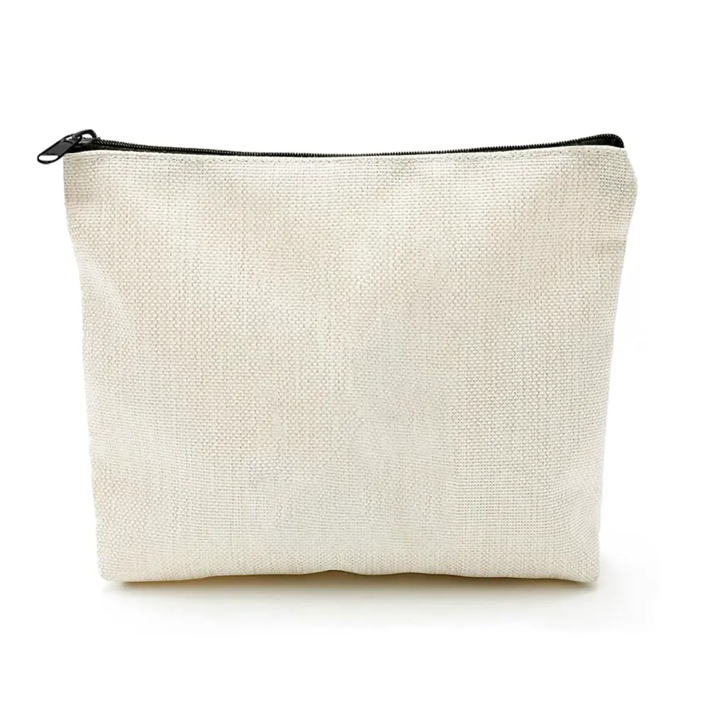 Customizable Linen Cosmetic Bag in Neutral Beige, Personalized Design Pouch for Travel and Makeup Storage