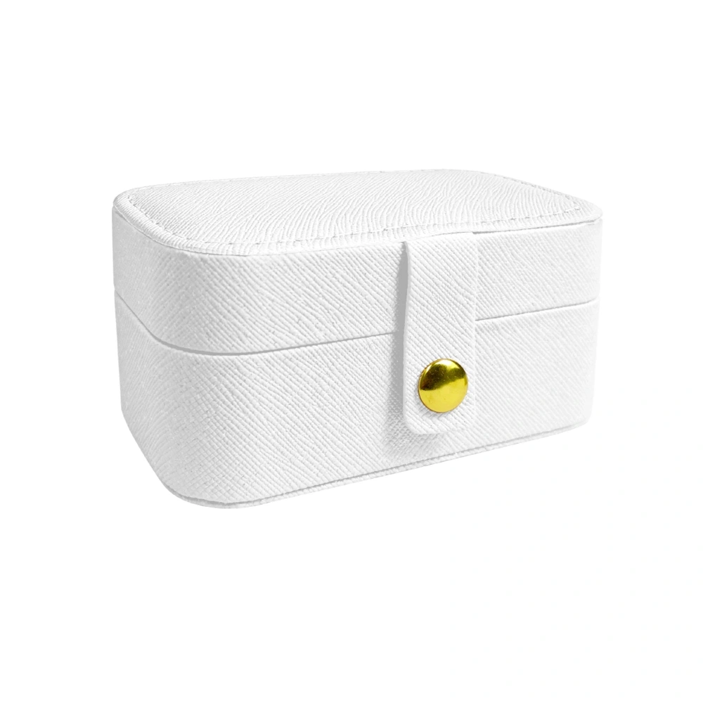 Customizable Compact Jewelry Case in Textured White Faux Leather with Golden Clasp - Elegant Accessory Organizer for Travel / Home Use