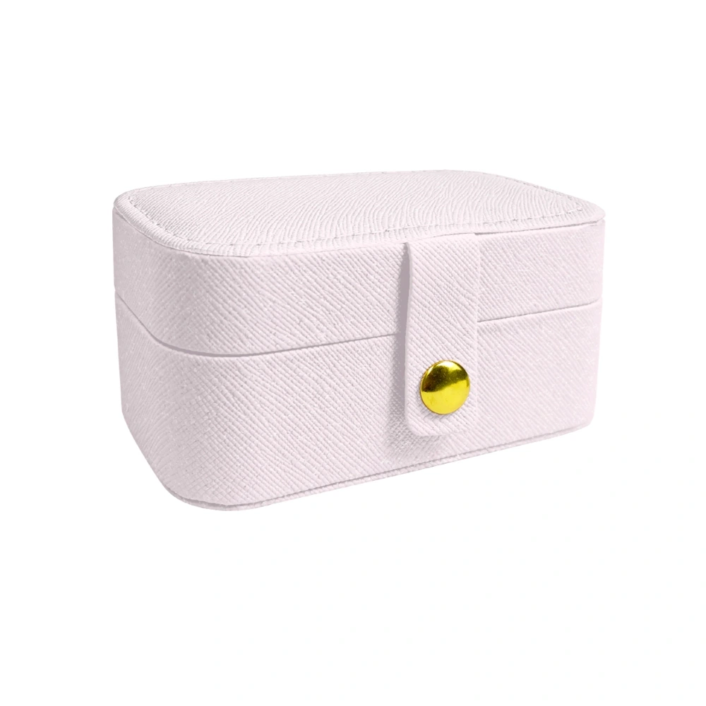 Customizable Compact Jewelry Case in Textured White Faux Leather with Golden Clasp - Elegant Accessory Organizer for Travel / Home Use