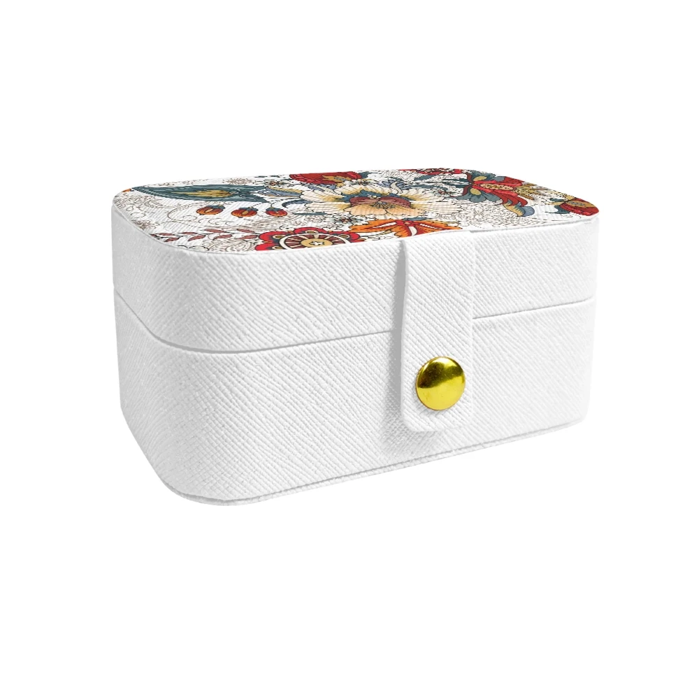 Customizable Compact Jewelry Case in Textured White Faux Leather with Golden Clasp - Elegant Accessory Organizer for Travel / Home Use