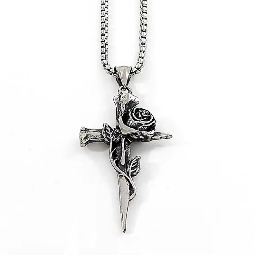 Men’s Titanium Steel Rose Cross Necklace – Trendy Luxury Original Design with High-end Appeal