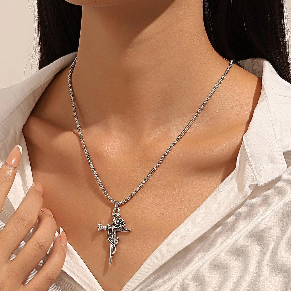 Men’s Titanium Steel Rose Cross Necklace – Trendy Luxury Original Design with High-end Appeal