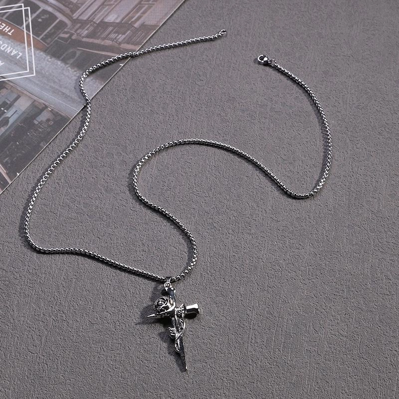 Men’s Titanium Steel Rose Cross Necklace – Trendy Luxury Original Design with High-end Appeal