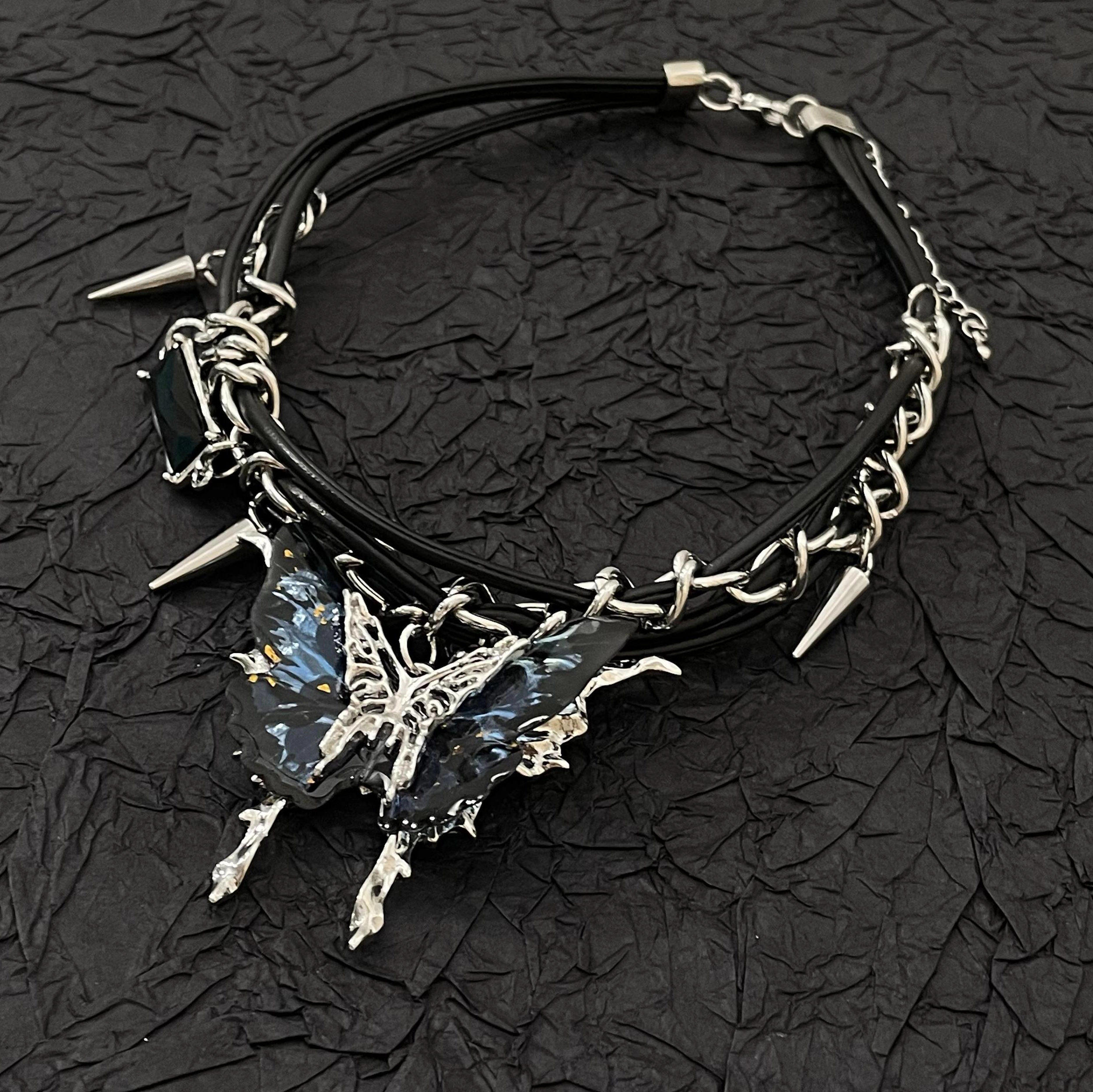 Trendy Alloy and Leather Butterfly Necklace – Elegant Dark Fashion with Studs for Women