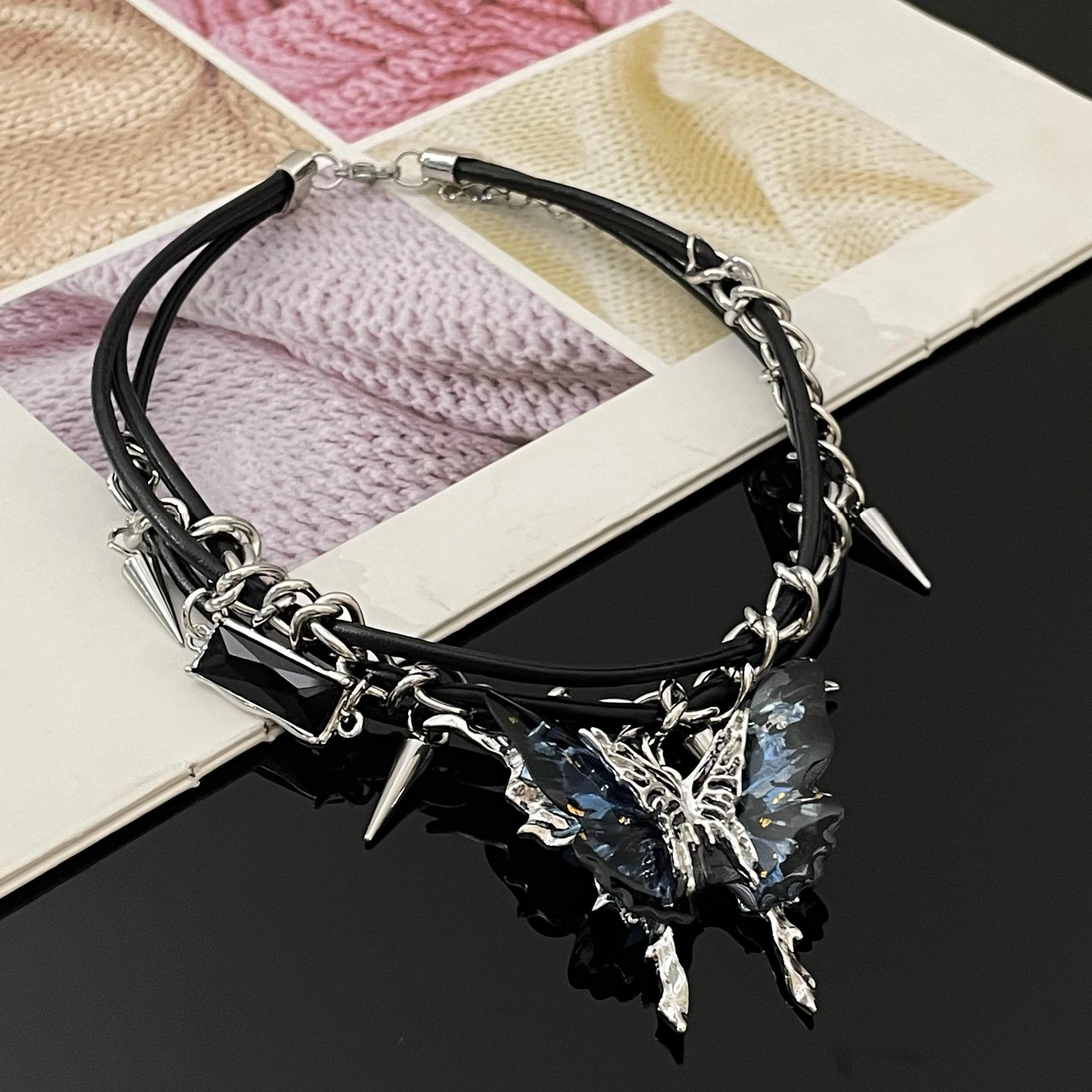 Trendy Alloy and Leather Butterfly Necklace – Elegant Dark Fashion with Studs for Women