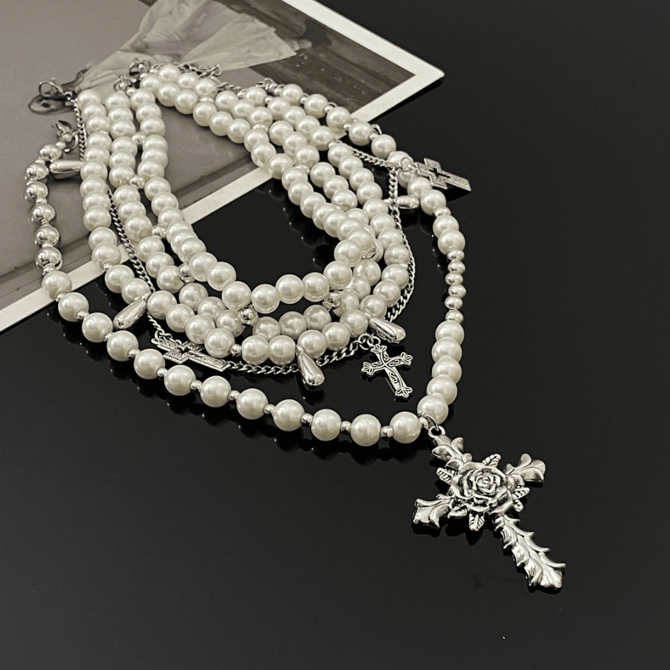 Vintage Cross Pearl Necklace for Women – Trendy European Style Alloy Choker with Unique Design