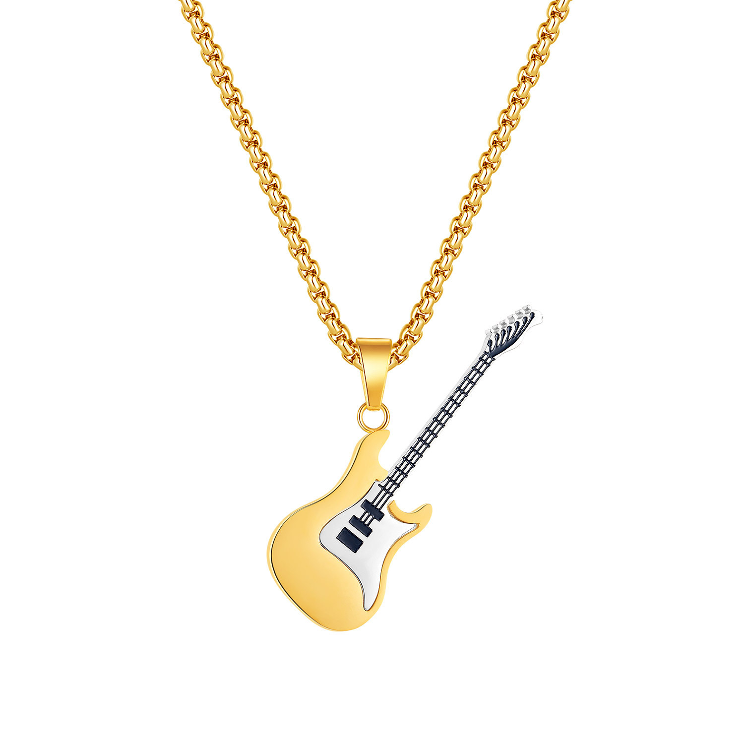 Hip Hop Guitar Pendant Necklace for Men – Stainless Steel, Trendy Street Style with Pearl Chain