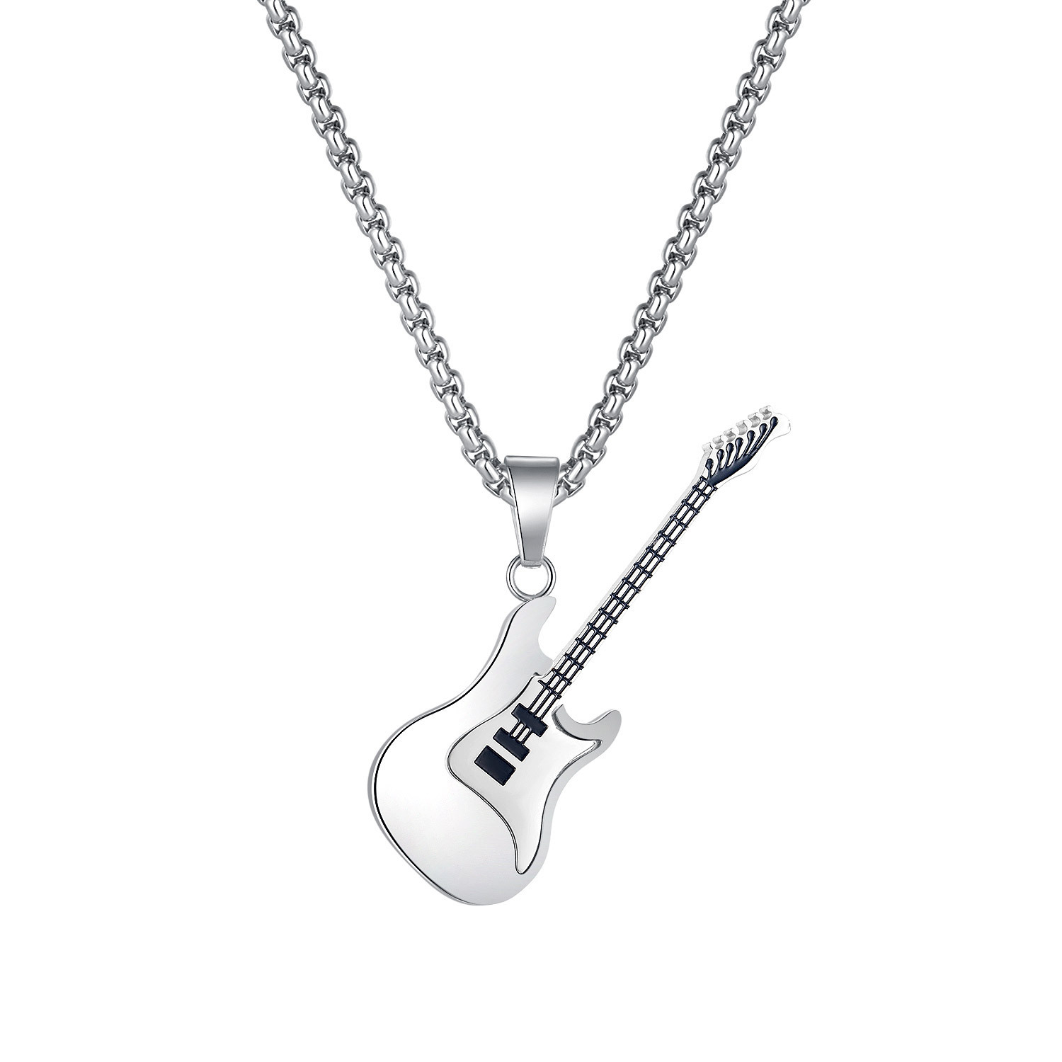 Hip Hop Guitar Pendant Necklace for Men – Stainless Steel, Trendy Street Style with Pearl Chain