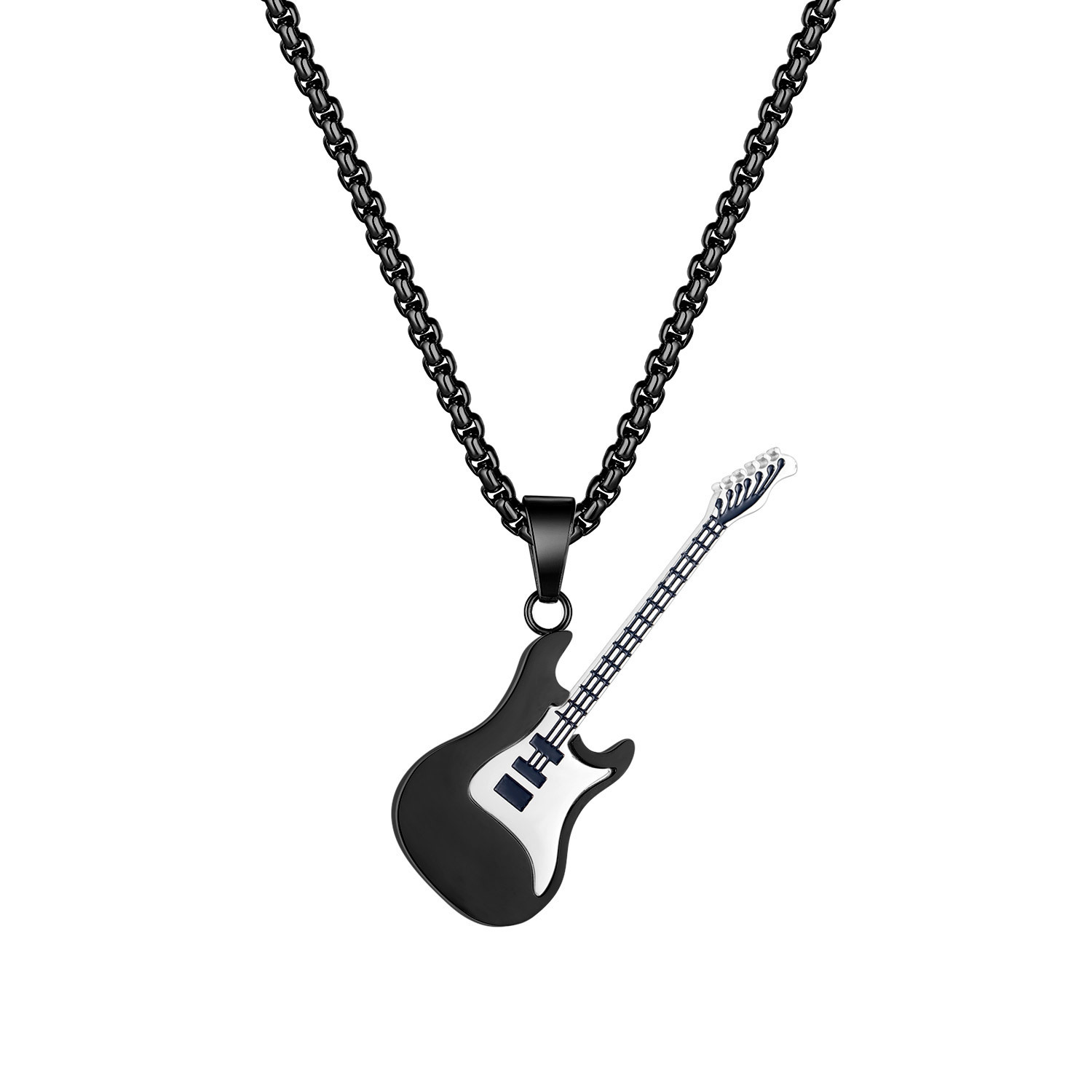 Hip Hop Guitar Pendant Necklace for Men – Stainless Steel, Trendy Street Style with Pearl Chain