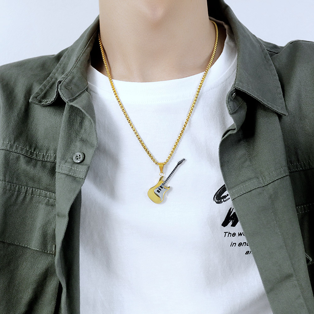 Hip Hop Guitar Pendant Necklace for Men – Stainless Steel, Trendy Street Style with Pearl Chain