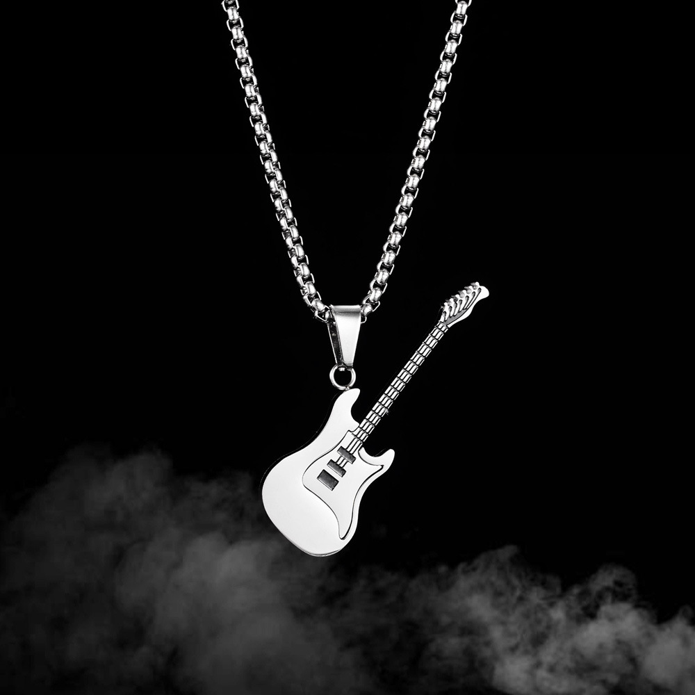 Hip Hop Guitar Pendant Necklace for Men – Stainless Steel, Trendy Street Style with Pearl Chain