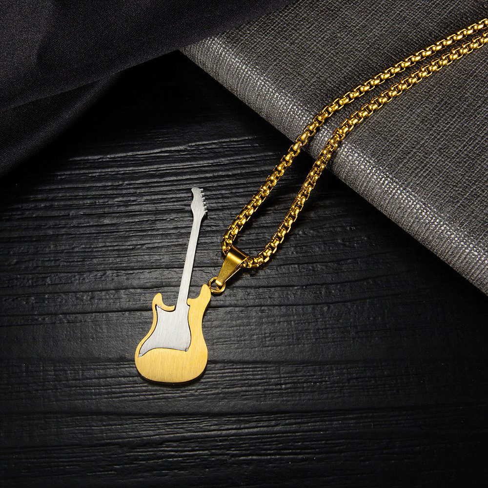 Hip Hop Guitar Pendant Necklace for Men – Stainless Steel, Trendy Street Style with Pearl Chain