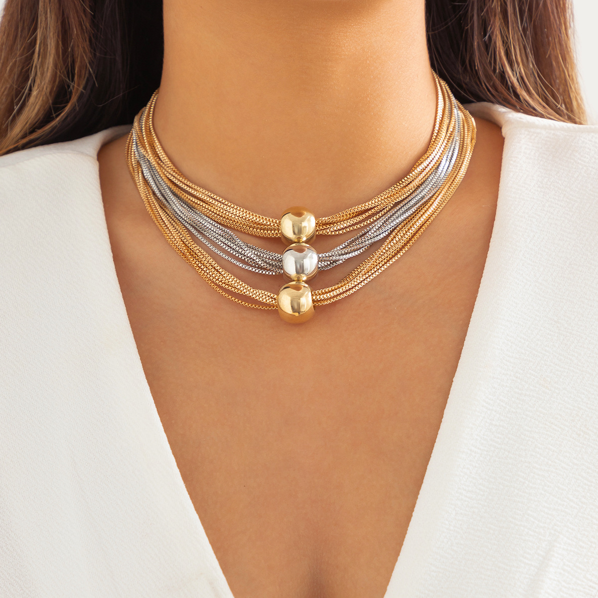 Layered Chain Geometric Ball Necklace – Simple Minimalist Multi-Strand Jewelry for Women