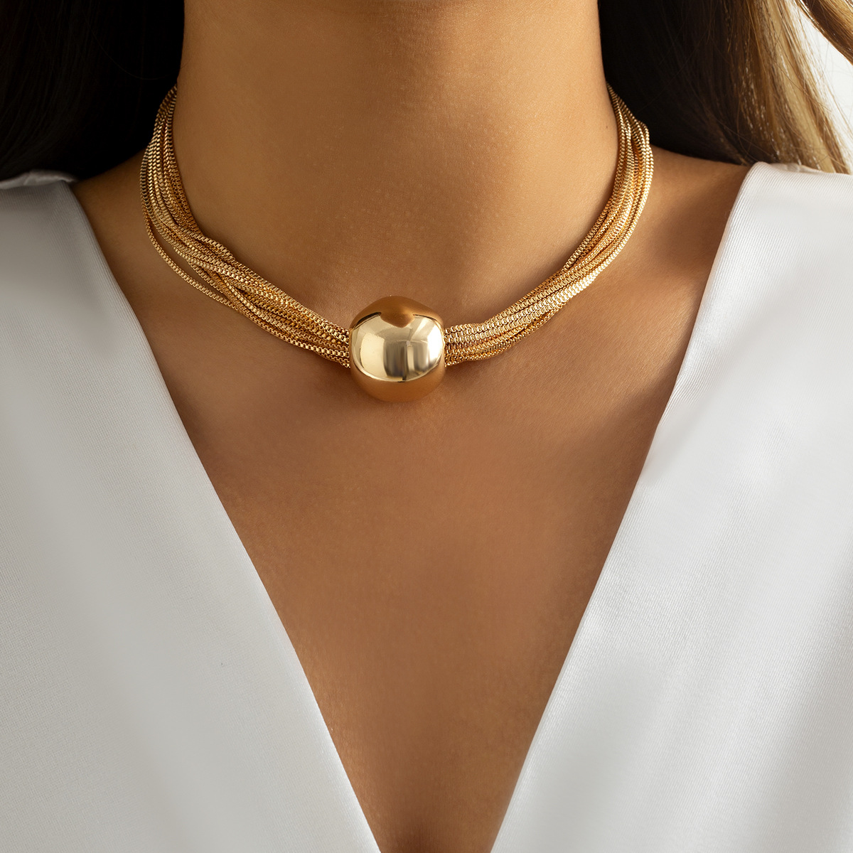 Layered Chain Geometric Ball Necklace – Simple Minimalist Multi-Strand Jewelry for Women