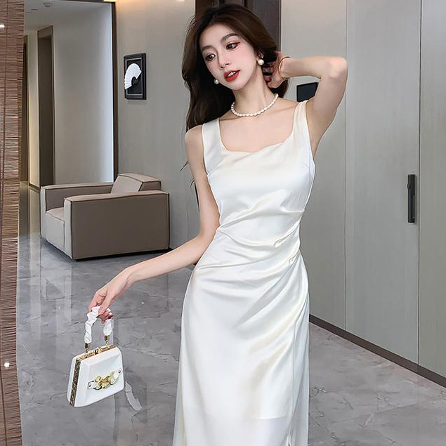 Spring Summer New Square Neck Satin Midi Dress – Sleeveless Slim Fit Celebrity Style