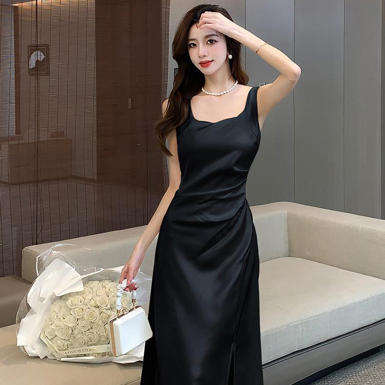 Spring Summer New Square Neck Satin Midi Dress – Sleeveless Slim Fit Celebrity Style