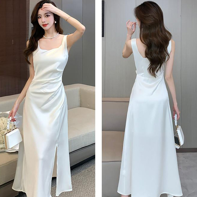 Spring Summer New Square Neck Satin Midi Dress – Sleeveless Slim Fit Celebrity Style