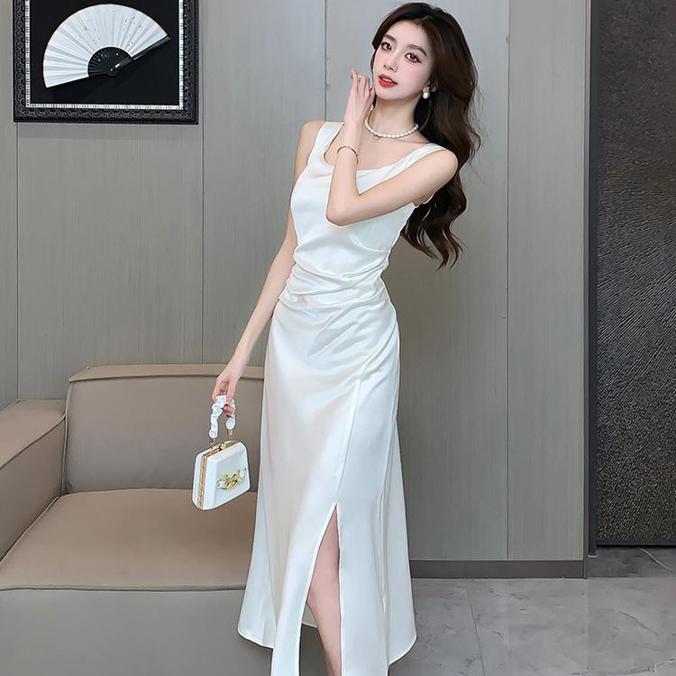 Spring Summer New Square Neck Satin Midi Dress – Sleeveless Slim Fit Celebrity Style