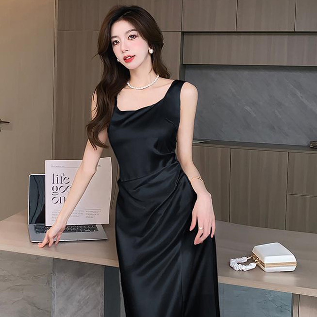 Spring Summer New Square Neck Satin Midi Dress – Sleeveless Slim Fit Celebrity Style