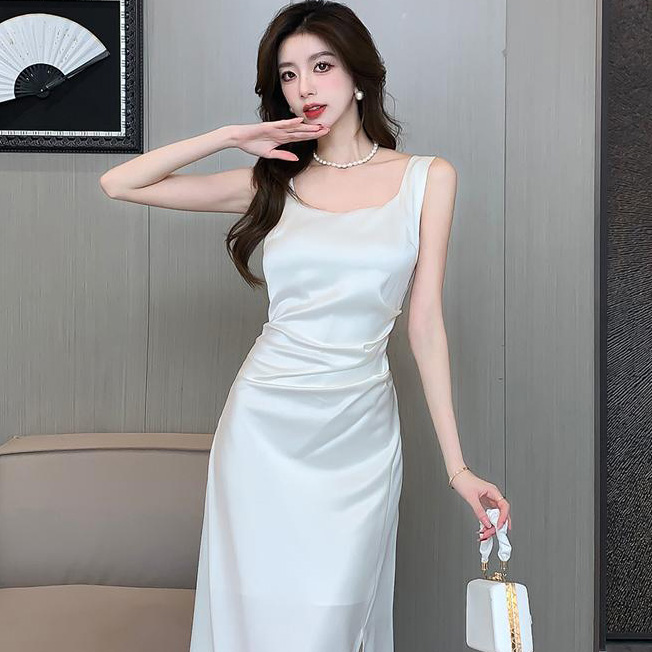 Spring Summer New Square Neck Satin Midi Dress – Sleeveless Slim Fit Celebrity Style