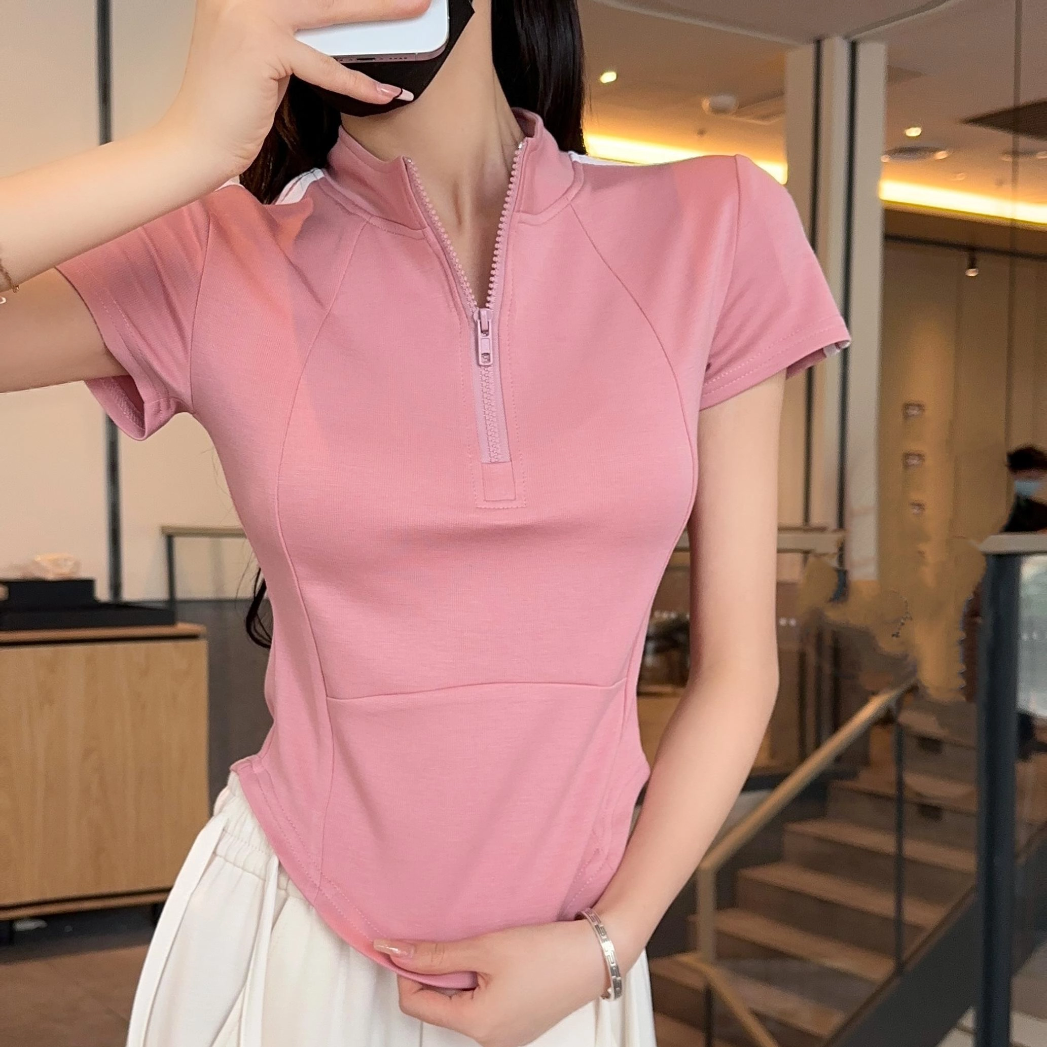 Summer Striped Waist-Slimming T-Shirt – Minimalist Short Sleeve Zip-Up Stretchy Top for Women