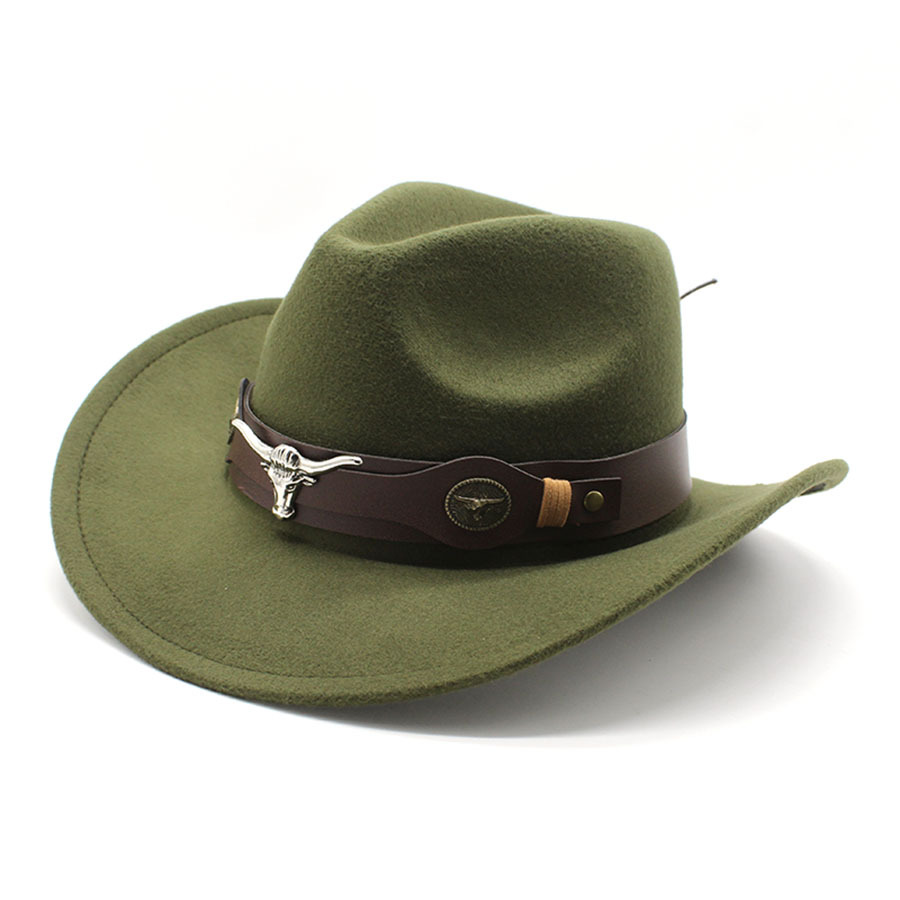 Vintage Western Cowboy Hat – Felt Bell-Shaped Fedora with Bull Badge for Sun Protection