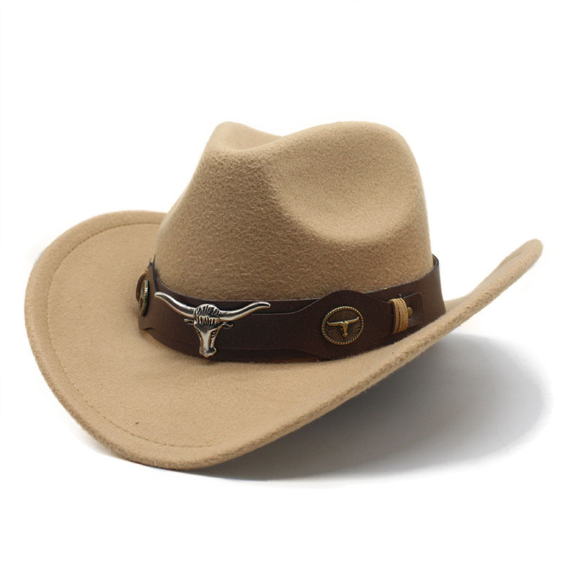 Vintage Western Cowboy Hat – Felt Bell-Shaped Fedora with Bull Badge for Sun Protection