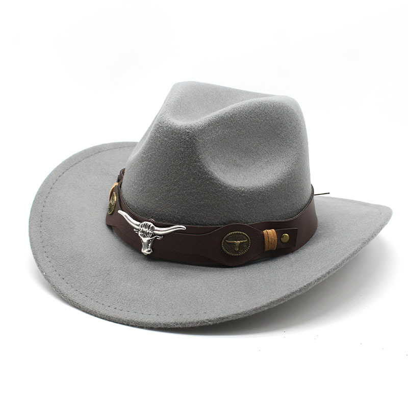 Vintage Western Cowboy Hat – Felt Bell-Shaped Fedora with Bull Badge for Sun Protection