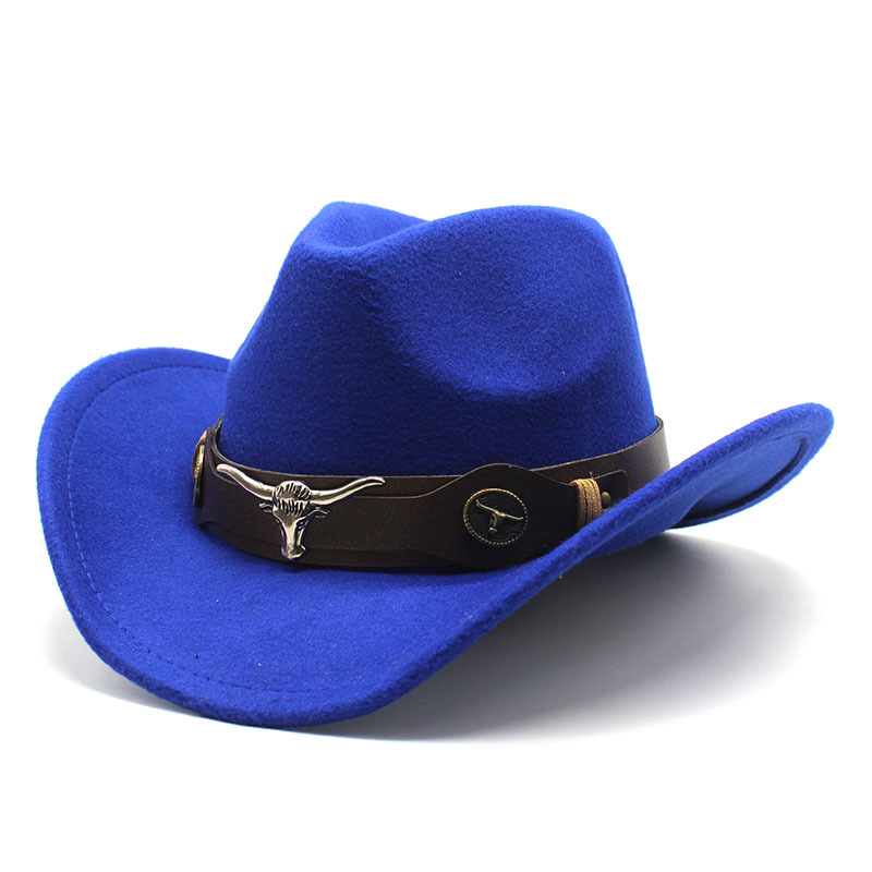 Vintage Western Cowboy Hat – Felt Bell-Shaped Fedora with Bull Badge for Sun Protection