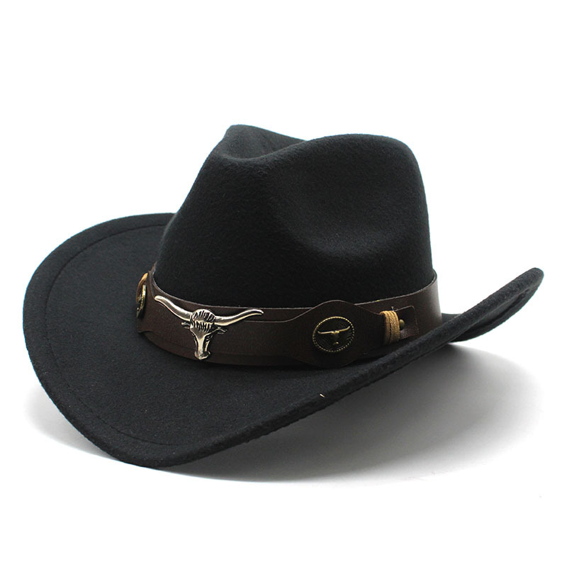 Vintage Western Cowboy Hat – Felt Bell-Shaped Fedora with Bull Badge for Sun Protection