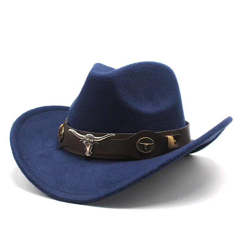 Vintage Western Cowboy Hat – Felt Bell-Shaped Fedora with Bull Badge for Sun Protection