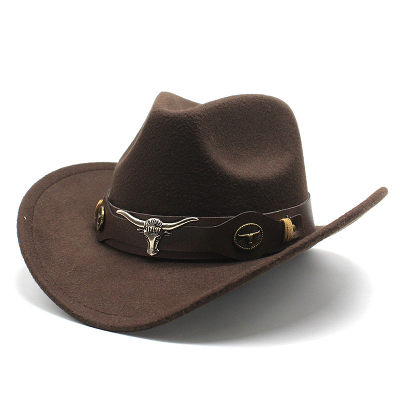 Vintage Western Cowboy Hat – Felt Bell-Shaped Fedora with Bull Badge for Sun Protection