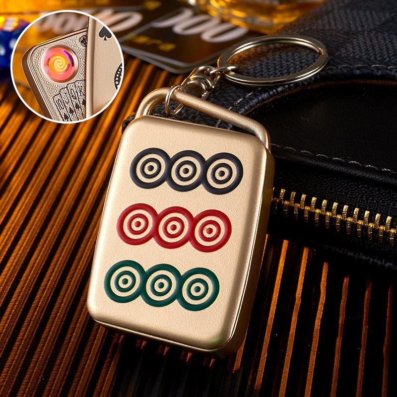 Creative USB Rechargeable Mahjong Poker Lighter - Zinc Alloy Windproof Electronic Lighter Keychain