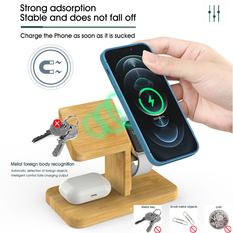 15W Bamboo Wireless Charger Stand - 3-in-1 Magnetic Phone Holder for Apple Devices | Eco-Friendly Multi-Function Charger