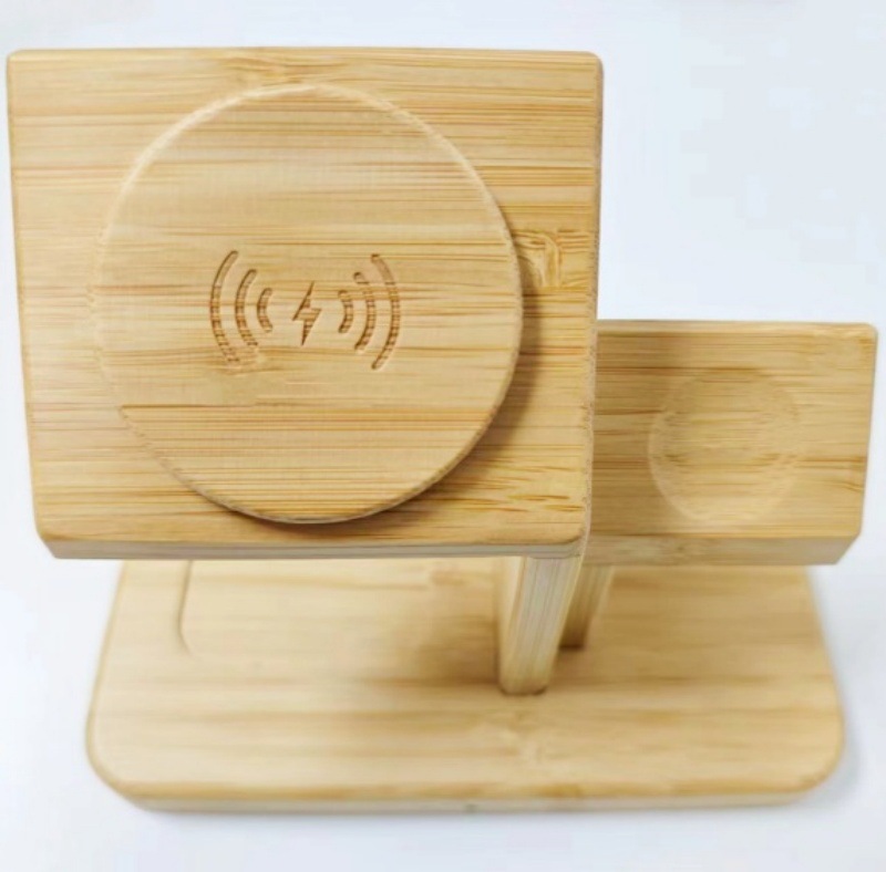 15W Bamboo Wireless Charger Stand - 3-in-1 Magnetic Phone Holder for Apple Devices | Eco-Friendly Multi-Function Charger