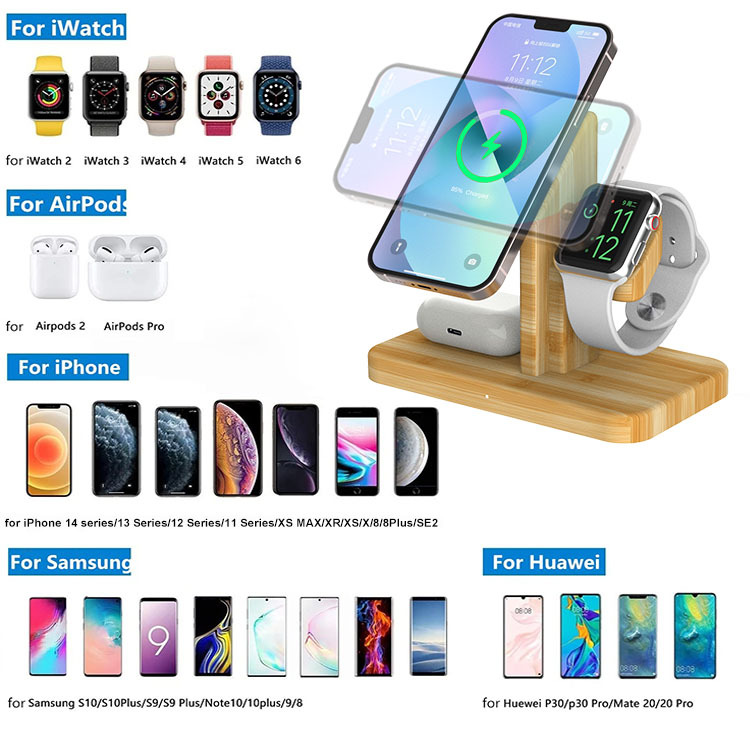 15W Bamboo Wireless Charger Stand - 3-in-1 Magnetic Phone Holder for Apple Devices | Eco-Friendly Multi-Function Charger