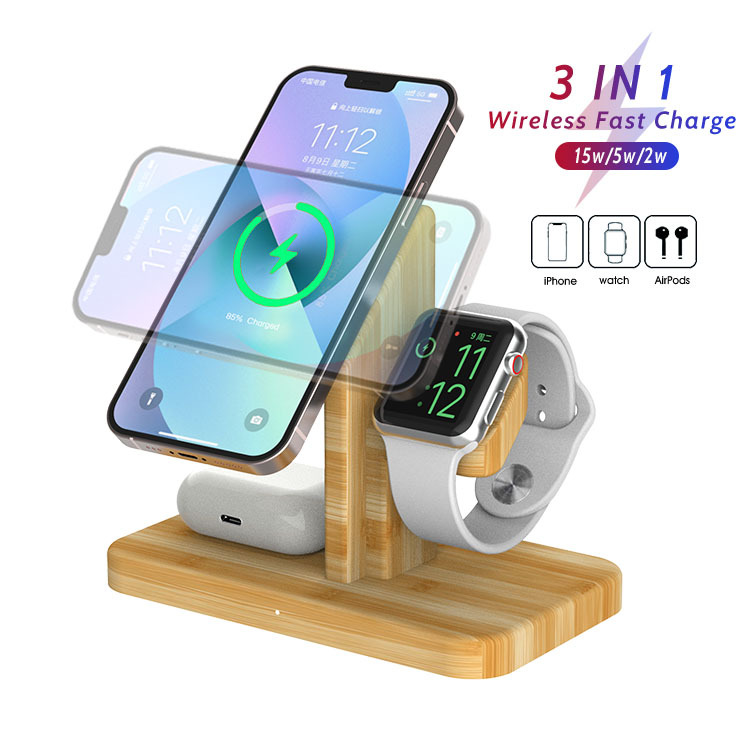 15W Bamboo Wireless Charger Stand - 3-in-1 Magnetic Phone Holder for Apple Devices | Eco-Friendly Multi-Function Charger